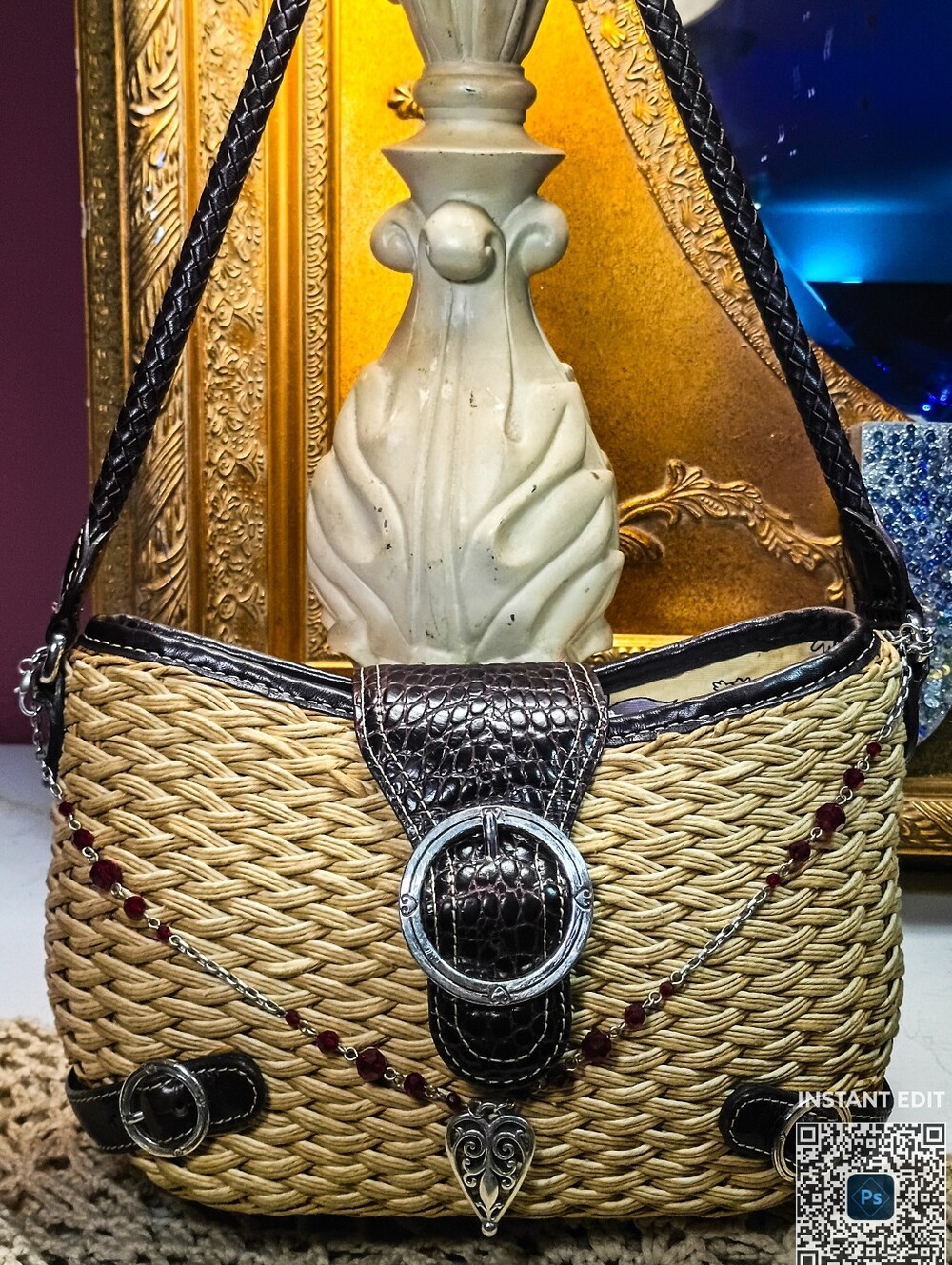 Vintage Brighton "Debbie" Straw and Embossed Leather Satchel With Brighton Chain